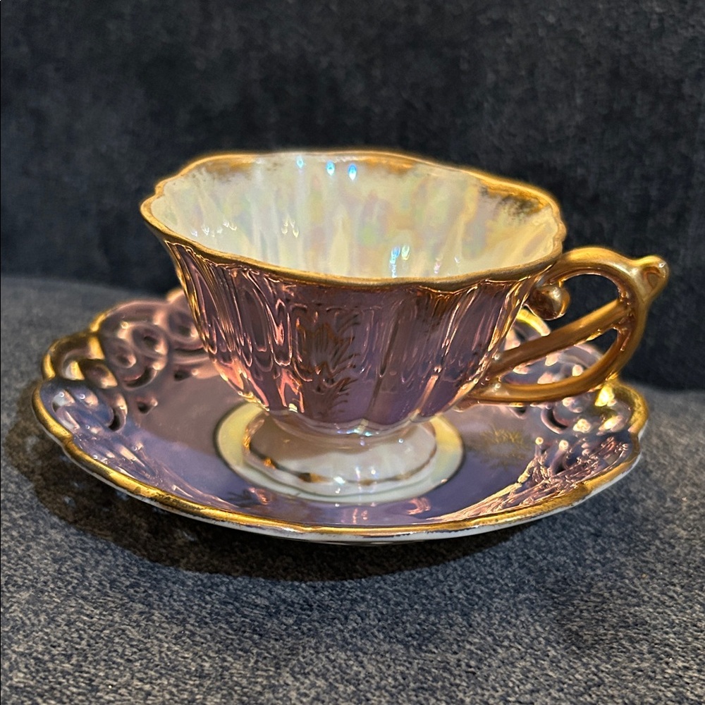 Nippon Japan Iridescent Purple and Gold Teacup Set